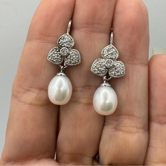 Esposito Diamonique Sterling Silver Cultured Pearl Earrings Dangle CZ Flower - Picture 2 of 8